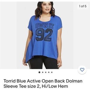 Torrid Blue Active Open Back Dolman
Sleeve Tee size 2, Hi/Low Hem